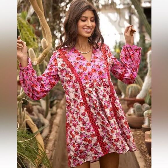 PQ Swim Tops - PQ Swim Leigh Tunic Desert Rose Size M/L Floral‎ Pink and Red Boho Dress